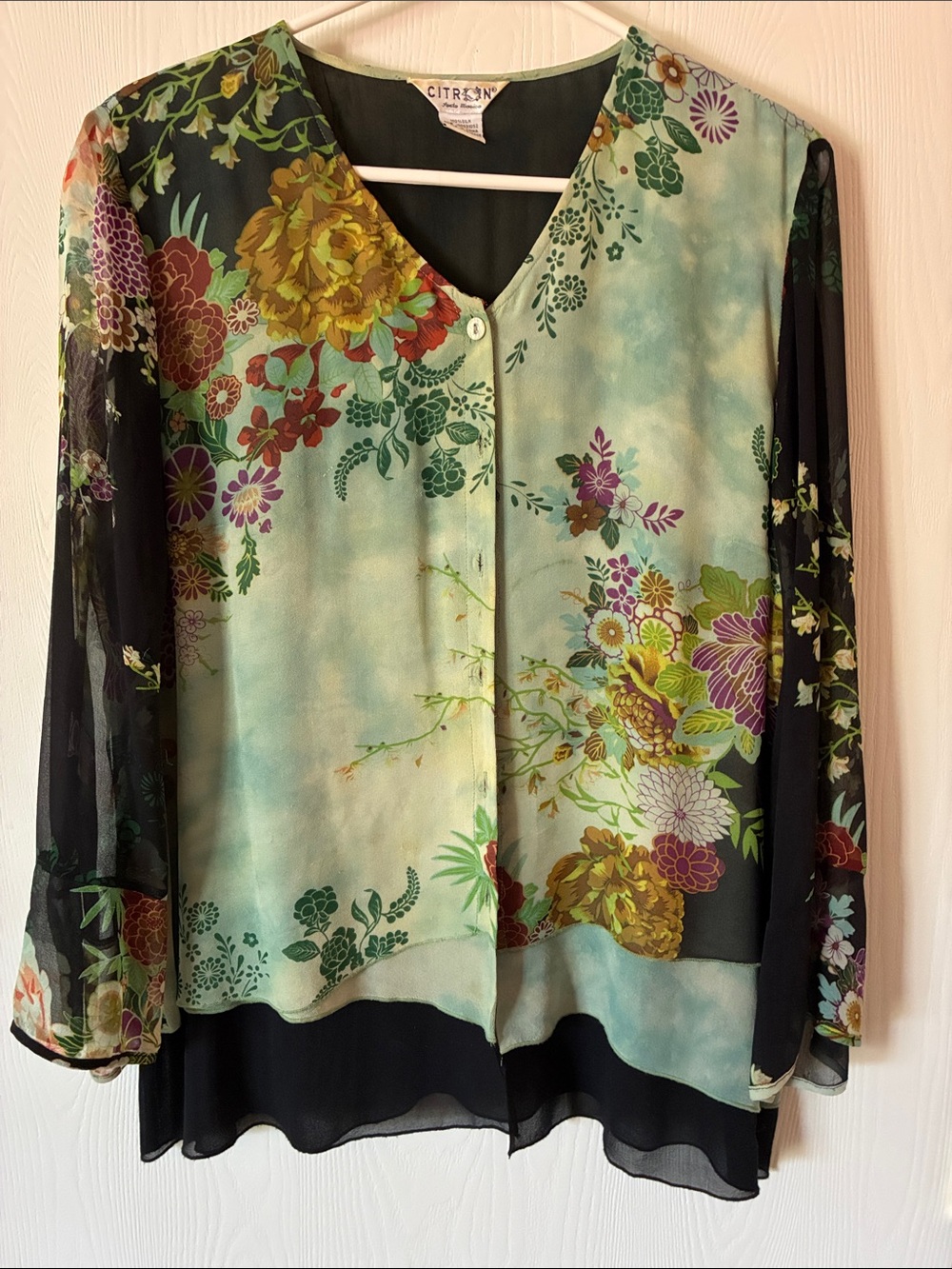 Citron Floral V-Neck Sheer Layered Blouse - Mint & Black, large